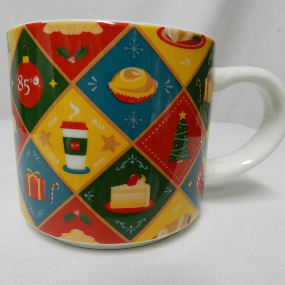 85c Bakery Christmas Holiday Mug Cup ceramic Tree Presents Cake Croissant NEW